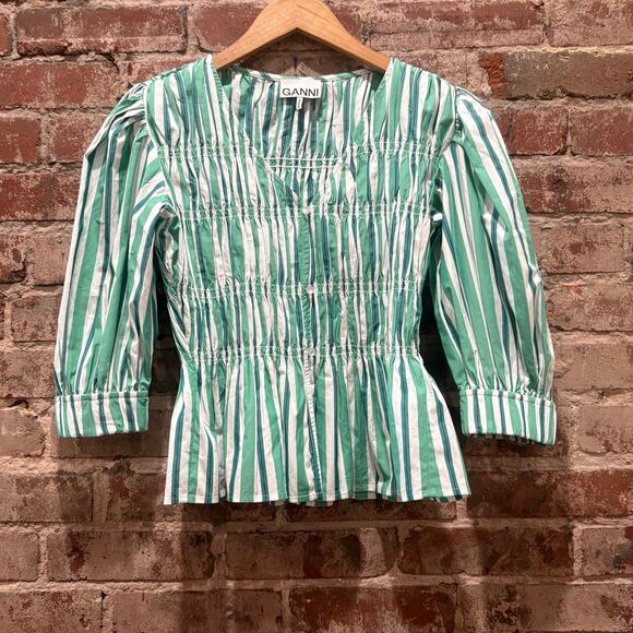 GANNI Green Striped V-Neck Fitted Blouse Size 36 - Picture 7 of 11